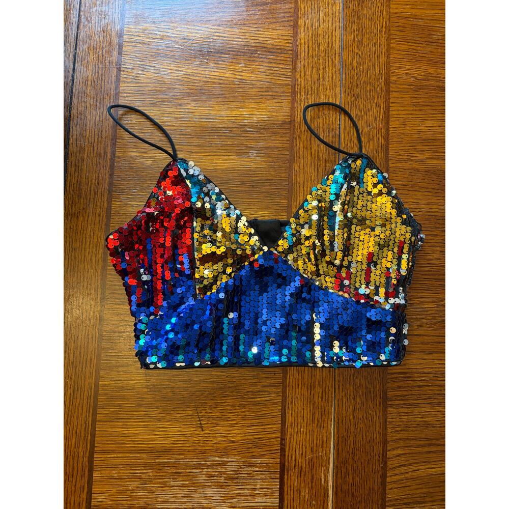 NWT SHEIN Colorblock Sequin V-Neck Cami Crop Top XS Party Festival Club - Picture 5 of 10